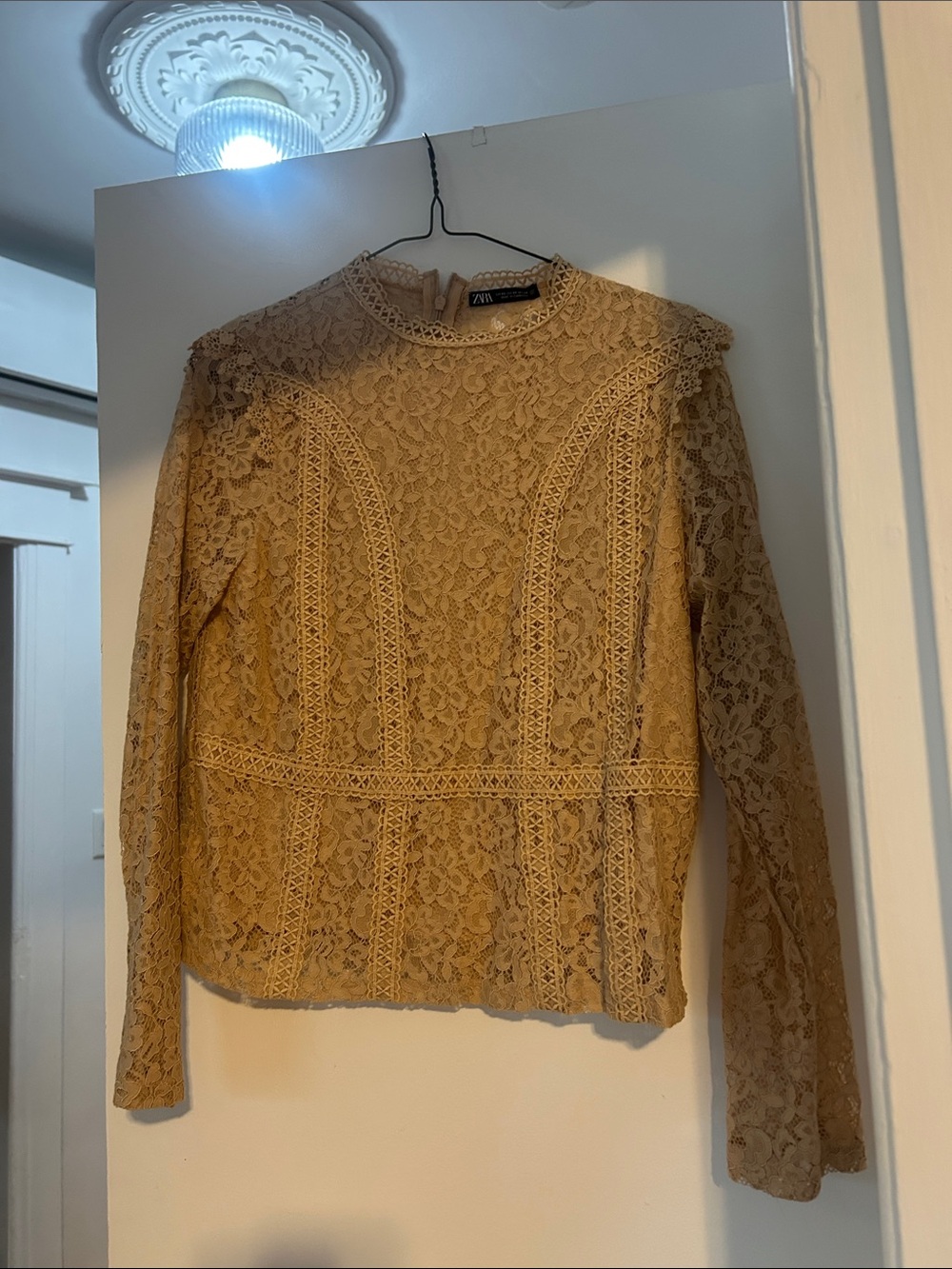 Zara Mustard Lace Long-Sleeve Mock Neck Blouse